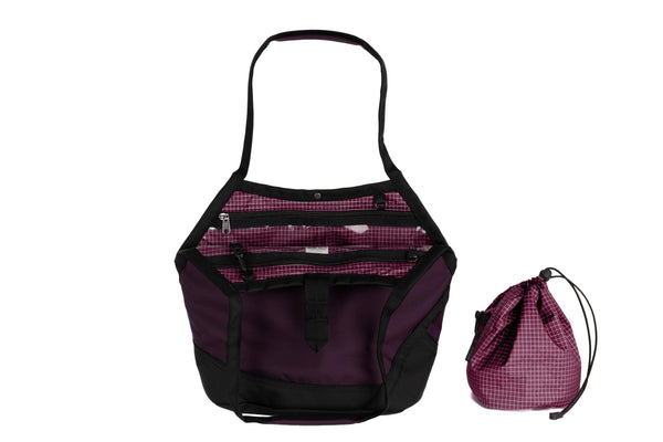 A Swift in Aubergine Ballistic with Acai (dark purple with white grid) 200 Halcyon interior and Yarn Stuff Sack.